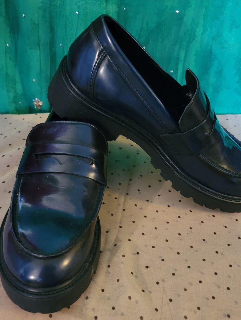 Women's Black Leather Penny Loafers with Lug Sole